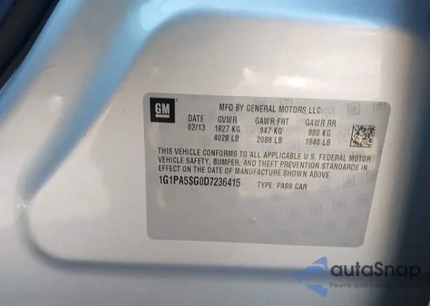 2013 Chevrolet Cruze Ls Auto из США, поврежденный, VIN 1G1PA5SG0D7236415